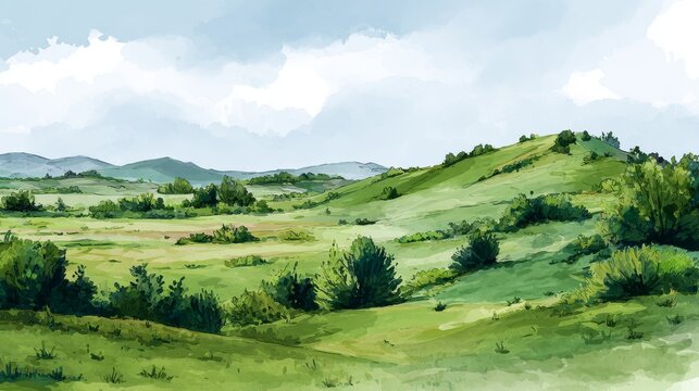 Watercolor-inspired vector landscape with open grasslands, meadows, and small hills, rural pasturage scene drawn with delicate green brushwork