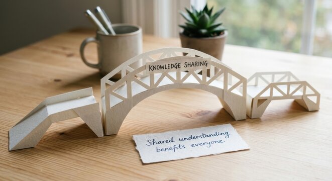 Paper bridge symbolizing knowledge sharing on a desk with a supportive message