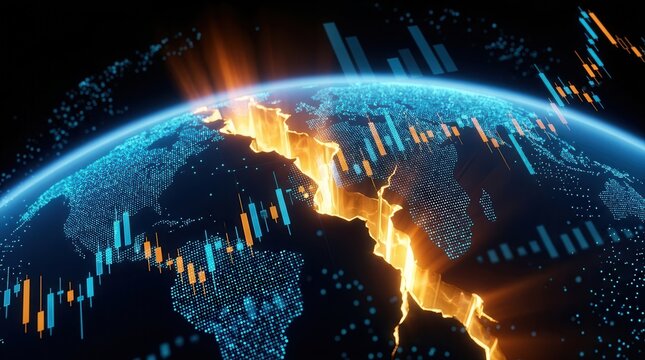 Digital visualization of global trade disruptions and economic impact.