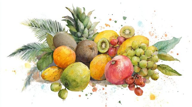 Artistic watercolor fruit bouquet with palm tree elements, natural organic illustration isolated on white for menu or kitchen decoration
