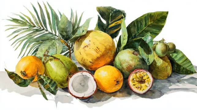 Bright watercolor painting of tropical fruit bouquet and palm leaves, hand-painted composition reflecting natural and healthy lifestyle themes
