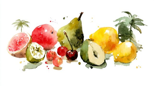 Organic hand-painted watercolor design of fruits with palm tree accents, elegant decorative illustration for kitchen art, healthy food menu, or bio market branding
