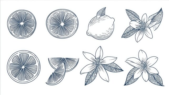 Minimalist lemon icon set drawn in outline style, featuring cut sections, peel spirals, citrus blossoms with leaves, and neatly arranged fruit slices