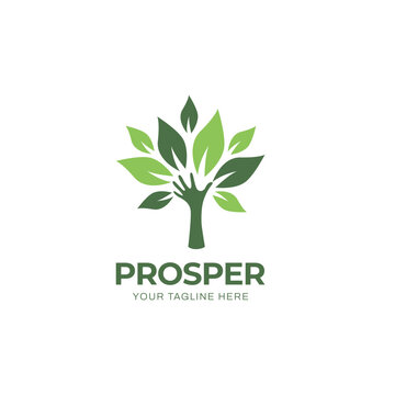 Simple Green Natural Branches Hand With Leaves Organic Logo Design Template