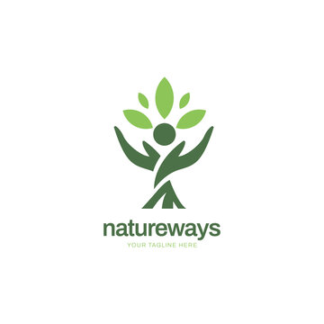 Simple Green Natural Branches Hand With Leaves Organic Logo Design Template