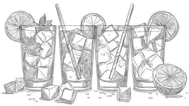 Outline vector art of cocktails in glasses with ice cubes, lemon slices, and decorative garnishes, sleek modern line illustration set