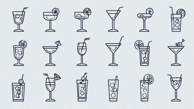 Simple and elegant line icons of cocktail drinks, minimalist design with ice cubes and garnishes, clean vector illustrations for party and beverage themes