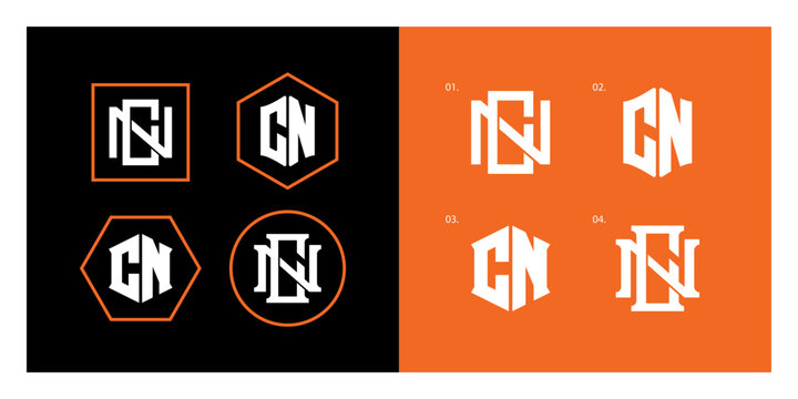 Set of four CN or NC monogram logos with bold geometric emblems for modern business brand identity