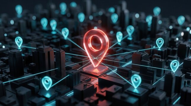 Geofencing technology concept with a dark miniature city and glowing location pin icons.