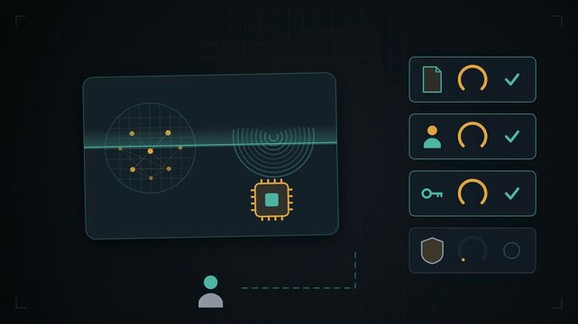 Abstract animated identity verified against its credentials drawn as cyan and teal lines and shapes on a deep dark background. Seamless looping 4K motion graphics video with free space for text, ideal