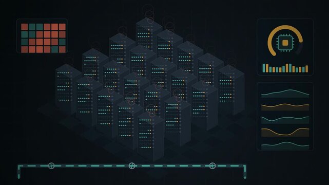Abstract animated server racks running inside a data centre drawn as coral and magenta lines and shapes on a deep dark background. Seamless looping 4K motion graphics video with free space for text, i