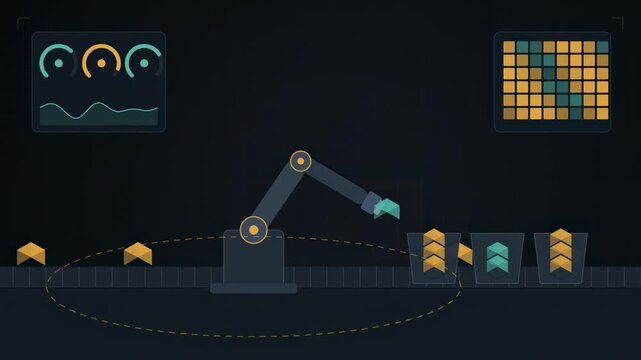 Abstract animated collaborative robot working alongside a person drawn as amber and orange lines and shapes on a deep dark background. Seamless looping 4K motion graphics video with free space for tex