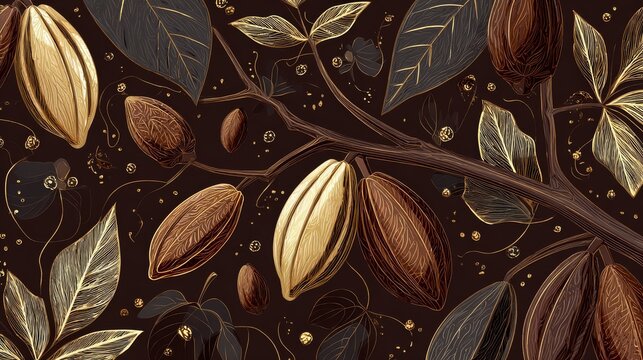 Elegant vector illustration of dark chocolate texture layered with shimmering gold botanical line art, featuring cocoa branches, leaves, and fruit outlines