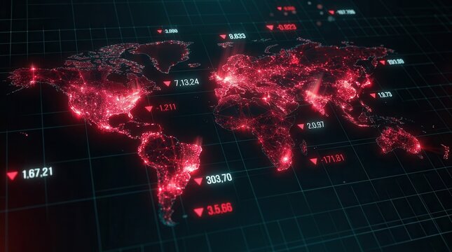 Global world map showing red floating loss, drawdown, and slippage loss data.