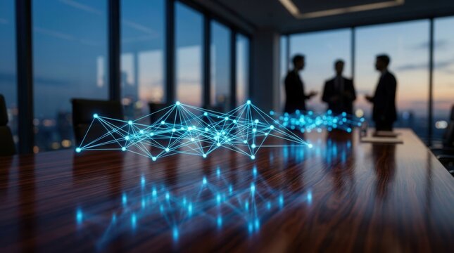 Glowing digital network connections on a corporate boardroom table representing global data integration.