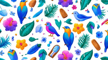 Obraz premium Summer holiday pattern with vibrant birds, exotic flowers, beach icons, and banana leaves, arranged in continuous vector artwork with carefree vacation vibes