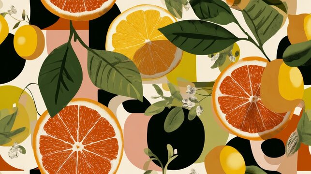 Contemporary botanical design showcasing citrus fruits with organic curves, abstract shapes, and plant leaves, perfect for summer-inspired backgrounds
