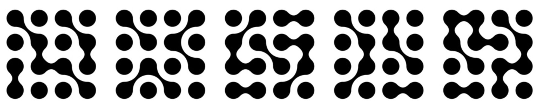 Black and white connect metaball set with square compositions of joined circles and organic shapes. Minimal vector elements for modern graphic and abstract design.