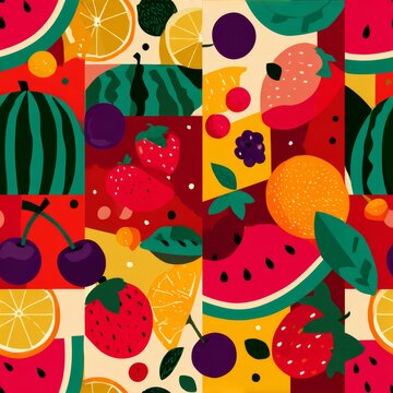 Abstract seamless geometric background with flat style fruit icons such as watermelon, cherries, strawberries, and orange slices combined with leaves and berries