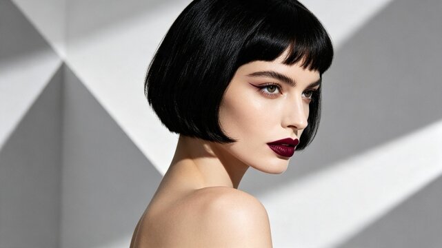 Elegant woman with a black bob and bold burgundy lips poses against a geometric patterned background. Professional fashion editorial look.