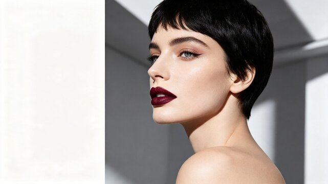Profile of a woman with a chic pixie cut, bold burgundy lips, and flawless makeup, set against a minimalist architectural background.