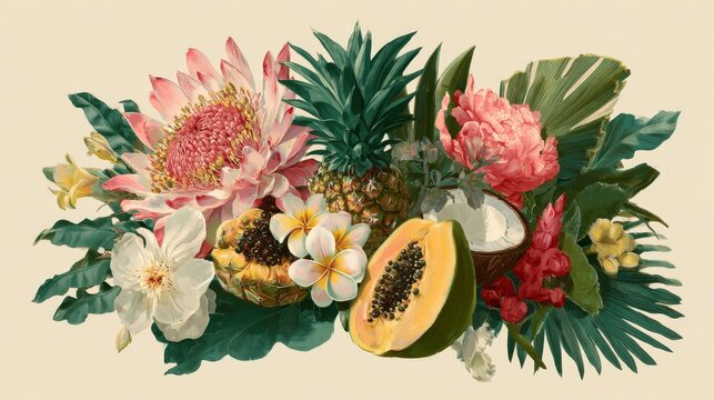 Lush tropical bouquet illustration with palm fronds, exotic blossoms, and juicy fruits such as pineapple, papaya, and coconut, designed in detailed vector art
