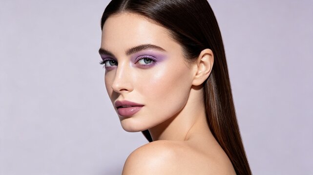 A beautiful woman with straight dark hair features striking purple eyeshadow and mauve lipstick against a soft lavender background.