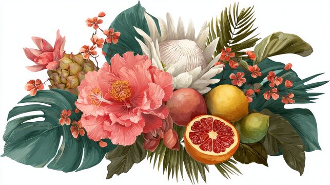 Elegant tropical floral and fruit bouquet with layered palm leaves, exotic plants, and summer fruits arranged in a stylish hand-drawn vector composition