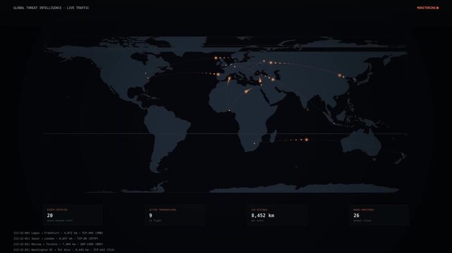 Glowing arcs travel between world cities on a dark map, with a live attack log and distance readout, cybersecurity concept loop