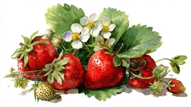 Watercolor botanical composition of fresh strawberries with attached leaves and blossoms, rendered in soft hand-painted textures for labels or packaging
