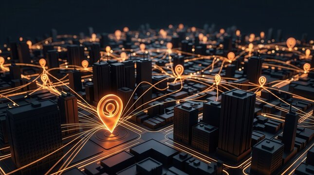 Miniature city map with location markers representing an urban geofencing concept for marketing and security.