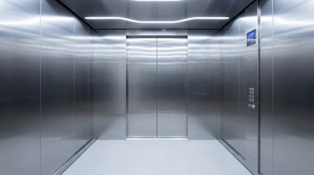 Modern metallic elevator interior with stainless steel walls.