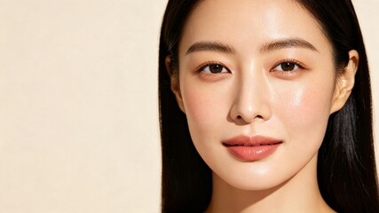 Fototapeta premium A close-up portrait of a young woman with radiant, dewy skin and natural makeup, showcasing a healthy and glowing complexion against a neutral background.
