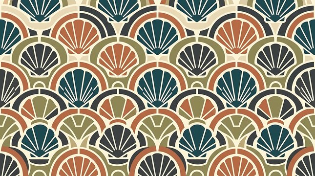 Geometric seamless pattern of overlapping scallop shell shapes in a muted color palette of blue, orange, green, and beige on a light background