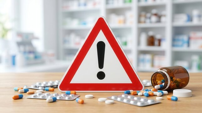 Prescription drug safety risks and overdose awareness with a medication caution sign.
