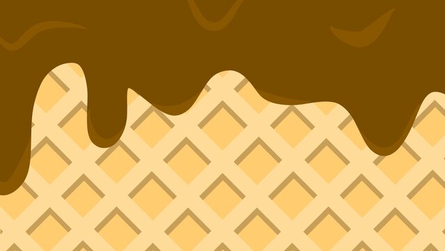 Wafer texture with creamy chocolate icing drips. Chocolate ice cream waffle texture background. Flowing sweet drips over crunchy waffle biscuit surface. Chocolate melted on a waffle background