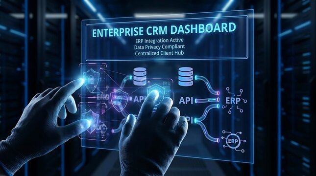 A futuristic professional interacting with a glowing blue holographic enterprise crm dashboard interface in a high tech server room
