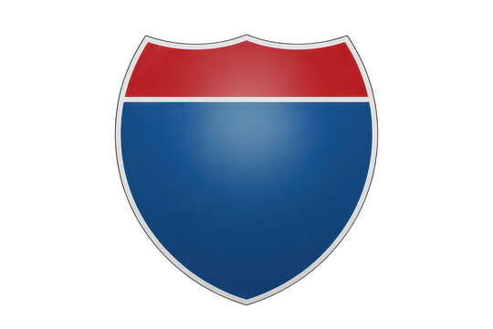 A blank interstate highway shield road sign with a red band and a blue bottom section isolated on a white background, for custom text labels