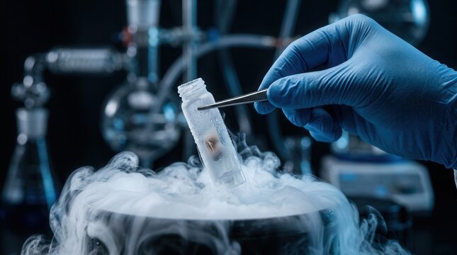 Scientist using tweezers to retrieve a frozen embryo from a cold vial in cryogenic storage.