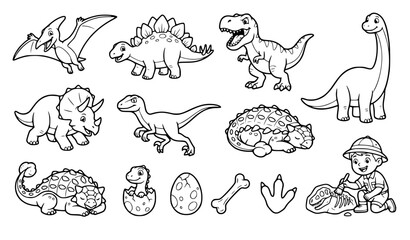 Prehistoric Dinosaur Coloring Page Cute Black White Line Vector Collection © MD