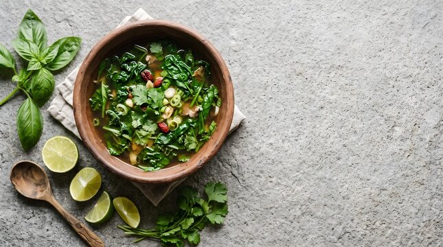 Top view flatlay of nourishing herbal broth soup with traditional herbs and ingredients