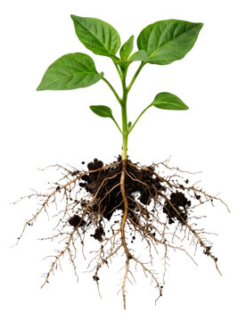 Young Plant with Exposed Root System on White Background