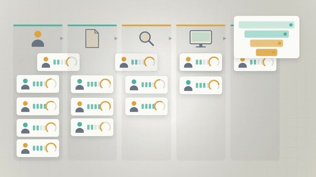 Abstract animated candidates progressing through a hiring process drawn as amber and orange lines and shapes on a bright, clean light background. Seamless looping 4K motion graphics video with free sp