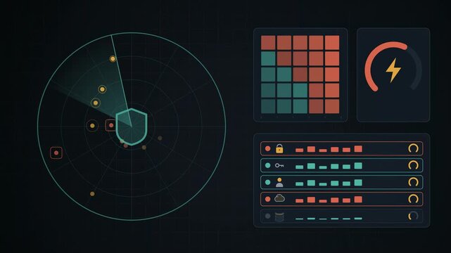 Abstract animated cyber risk scored and prioritised across assets drawn as coral and magenta lines and shapes on a deep dark background. Seamless looping 4K motion graphics video with free space for t