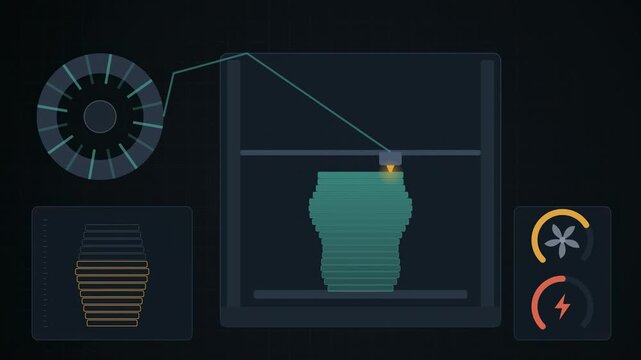 Abstract animated 3D print building up layer by layer drawn as cyan and teal lines and shapes on a deep dark background. Seamless looping 4K motion graphics video with free space for text, ideal for i