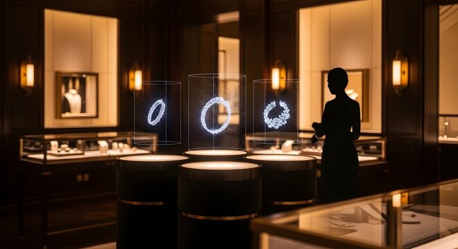 Elegant customer exploring a futuristic holographic jewelry display in a luxurious retail boutique, highlighting innovative technology for an immersive and modern shopping experience