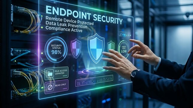 A professional cybersecurity expert interacting with a futuristic holographic interface to manage and monitor complex endpoint security network protection systems