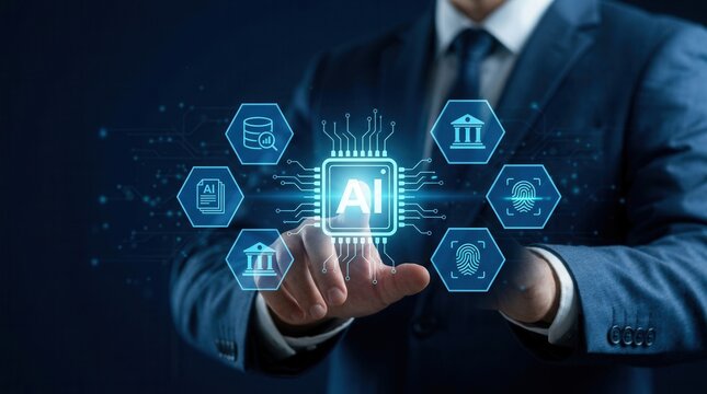 Young businessman interacting with a smart AI and artificial intelligence chatbot interface.