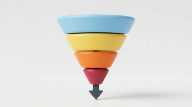 3D layered sales funnel illustration for lead generation and business process flow.