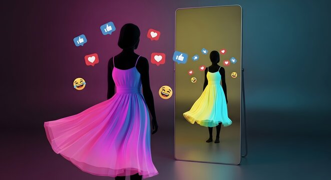 A vibrant silhouette reflects a woman's evolving digital self-image, showcasing her fashion identity influenced by social media engagement and online perception